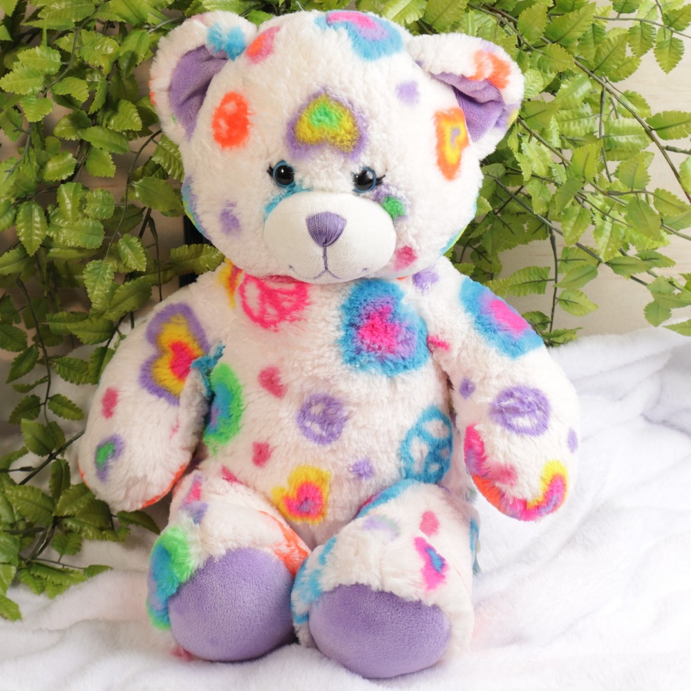 Build-A-Bear Workshop Rainbow Hearts Peace Signs White Plush Teddy Bear